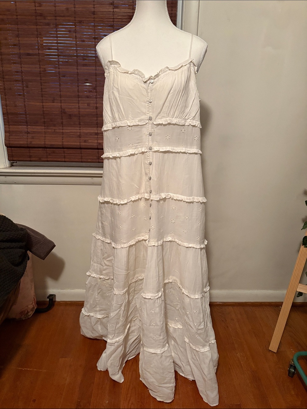 American Eagle Outfitters Cream Tiered Button-Front Maxi Dress